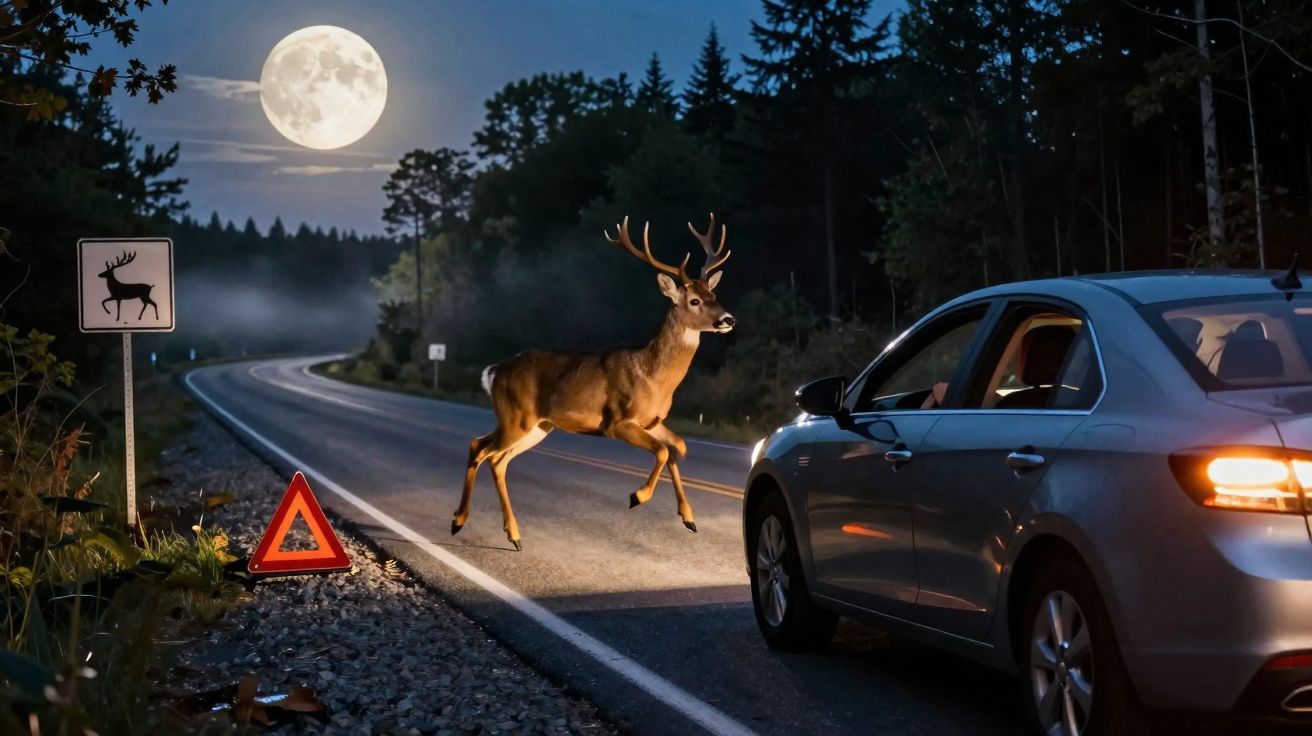 Veado a atravessar uma estrada à noite sob o luar, com carro parado e sinal de passagem de animais.
