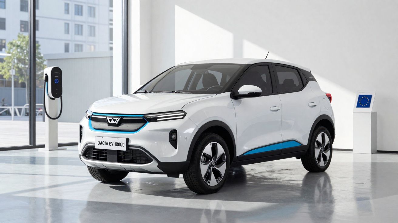 Carro elétrico branco Dacia EV 1800 num espaço moderno com estação de carregamento e placa da União Europeia.