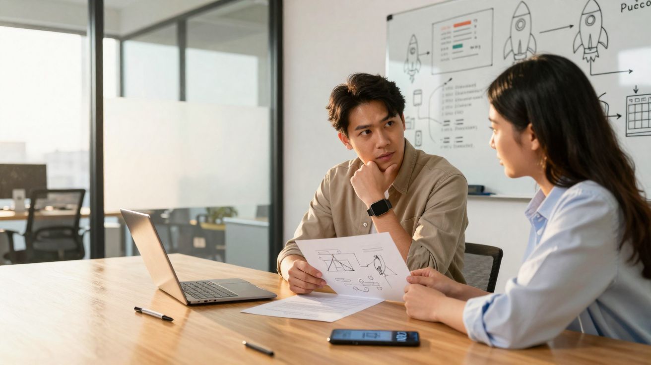 Duas pessoas discutem planos em escritório moderno, com laptop e quadro branco com desenhos de foguetes.