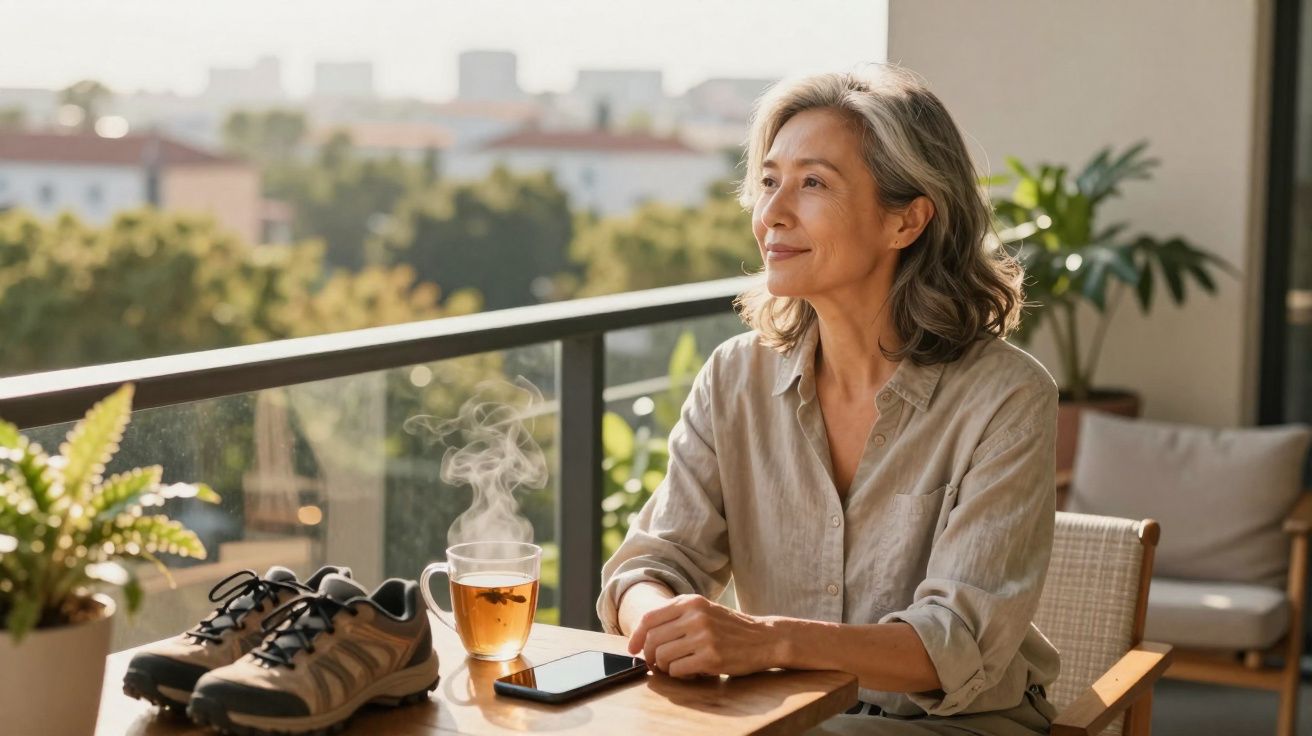 Mulher adulta sentada numa varanda a apreciar a vista, com chá quente, telemóvel e ténis na mesa.