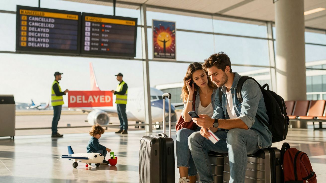 Casal sentado em aeroportos com atrasos e cancelamentos, criança e funcionários com placa "DELAYED" ao fundo.