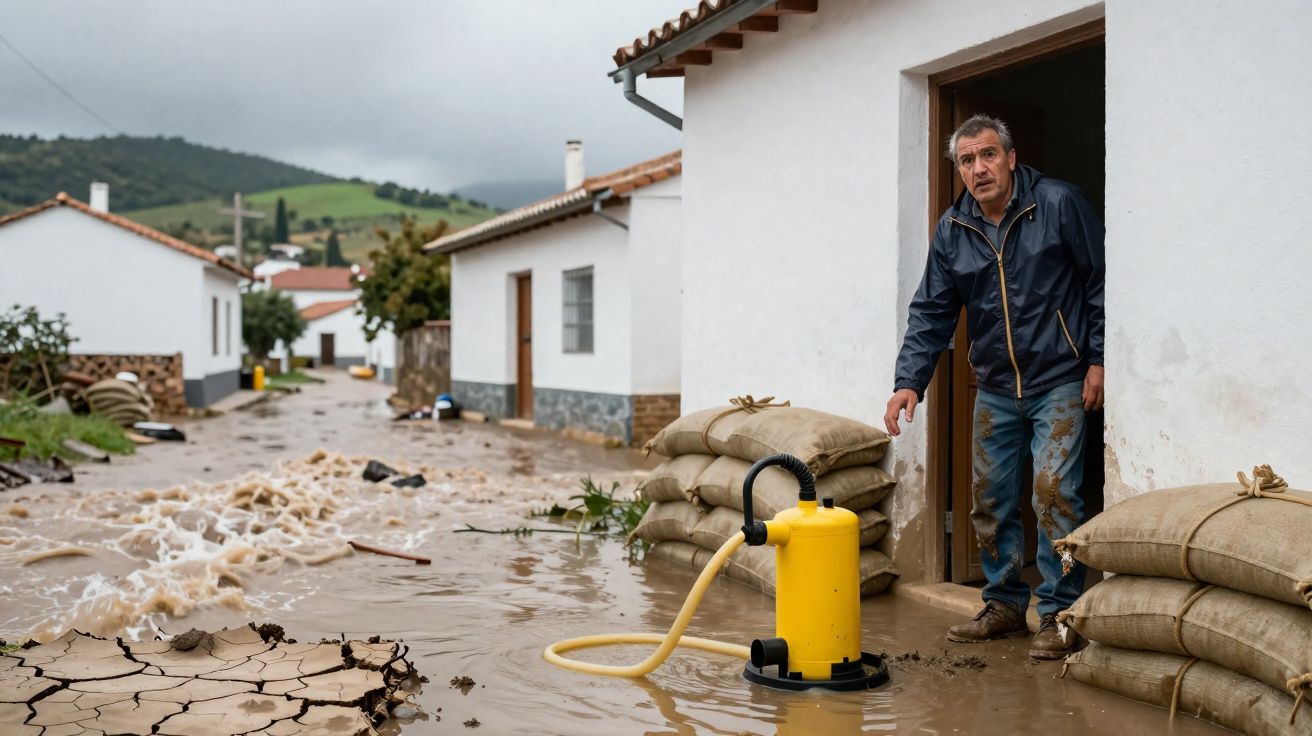 Homem na porta de casa cercada por água de inundação e sacos de areia para proteção.