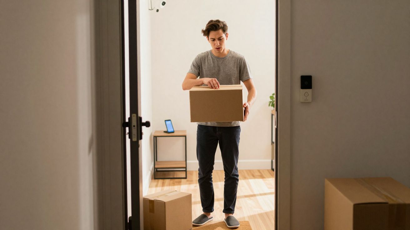 Homem a abrir uma caixa de cartão num corredor iluminado, com outras caixas no chão e uma pequena mesa ao fundo.