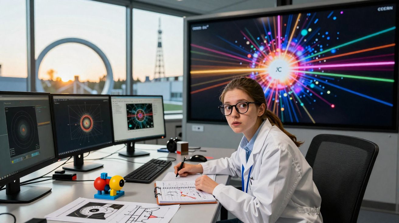 Cientista com bata branca e óculos sentada em laboratório com múltiplos ecrãs mostrando gráficos coloridos.