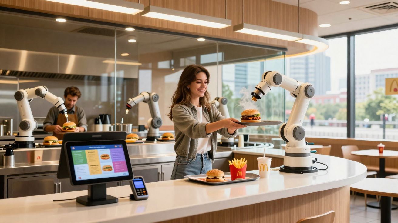 Mulher a receber hambúrguer de braço robótico num restaurante McDonald's moderno e luminoso.