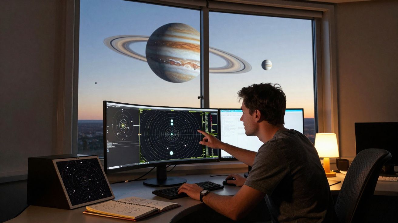Homem a estudar o sistema solar em computadores com planetas gigantes a flutuar na janela à noite.