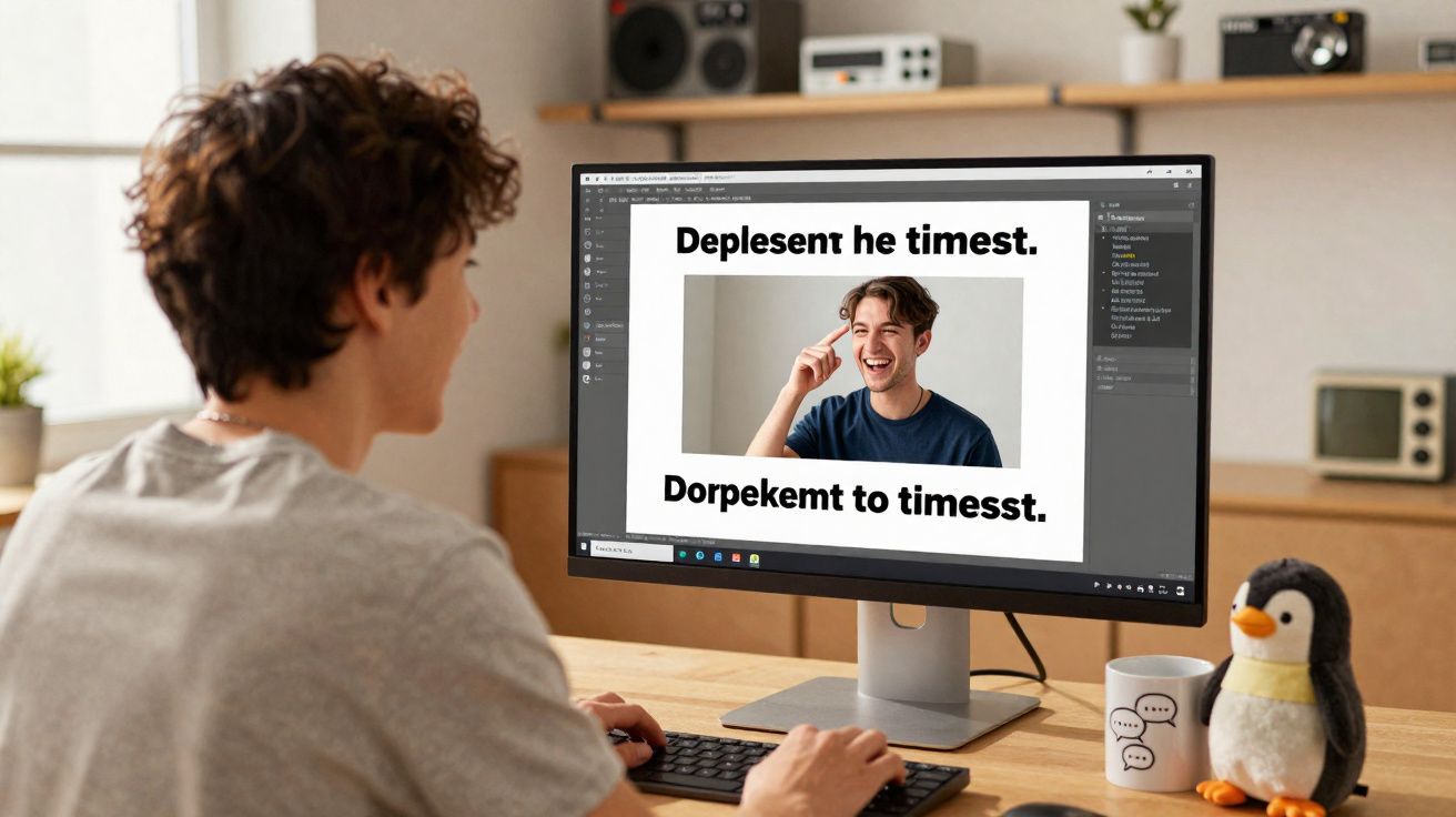 Pessoa de cabelos encaracolados sentada a usar um computador com imagem de homem sorridente no ecrã.