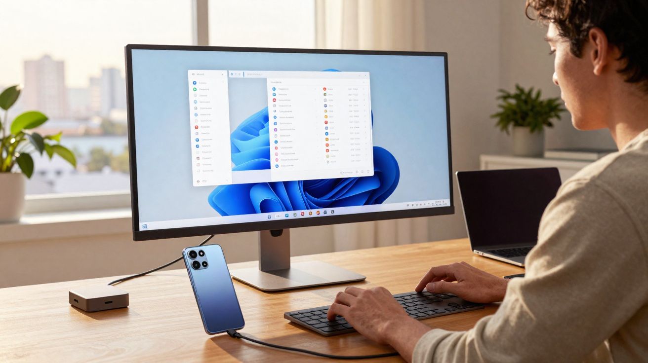 Pessoa a usar computador com ecrã grande e smartphone azul numa secretária perto de janela.