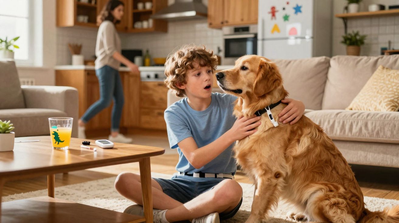 Menino sentado no chão a abraçar um cão golden retriever numa sala de estar com mulher ao fundo na cozinha.