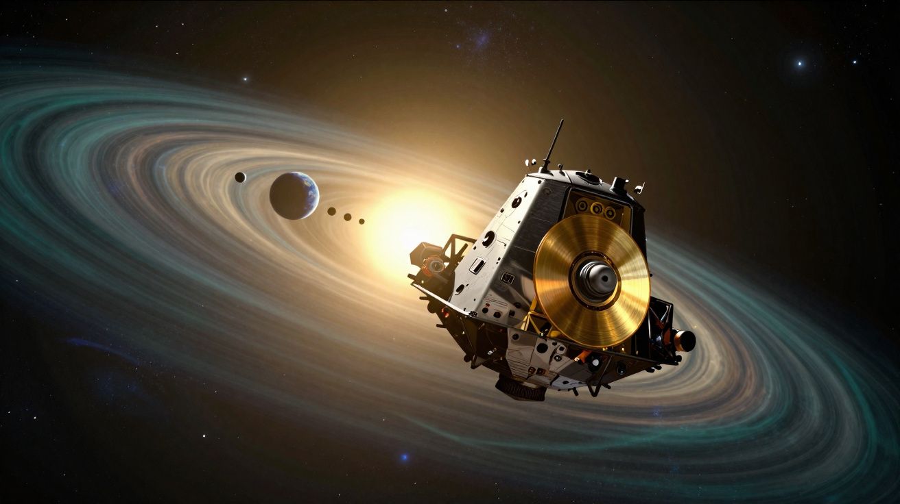 Sonda espacial a orbitar um planeta com anéis, com o Sol e vários corpos celestes ao fundo.