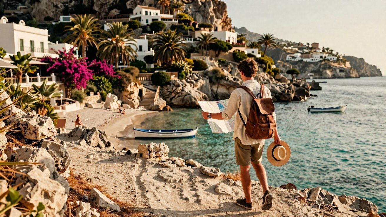 Homem com mochila e chapéu consulta mapa junto a praia rochosa com barcos e casas brancas à beira-mar.