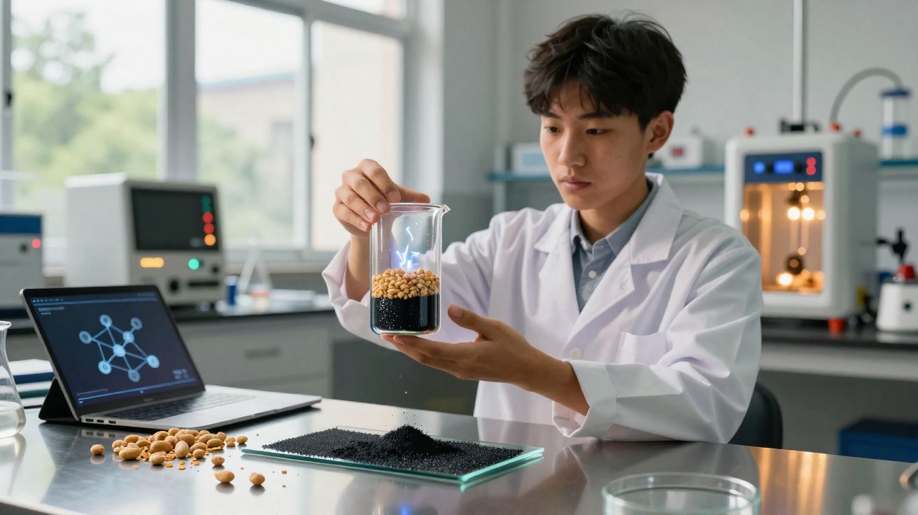 Cientista em laboratório analisa mistura de grãos amarelos e pretos num béquer diante de computador com modelo molecular.