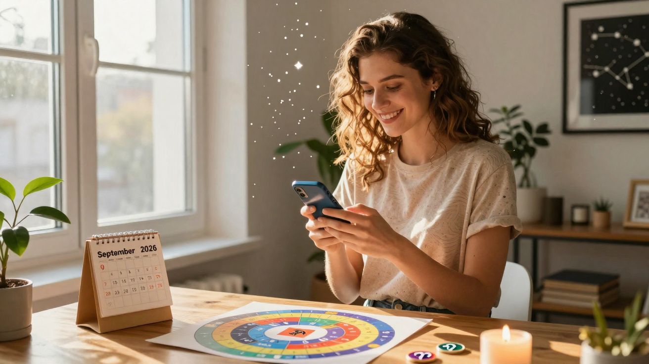 Mulher sorridente consulta telemóvel à mesa com calendário, vela acesa e roda colorida de signos.
