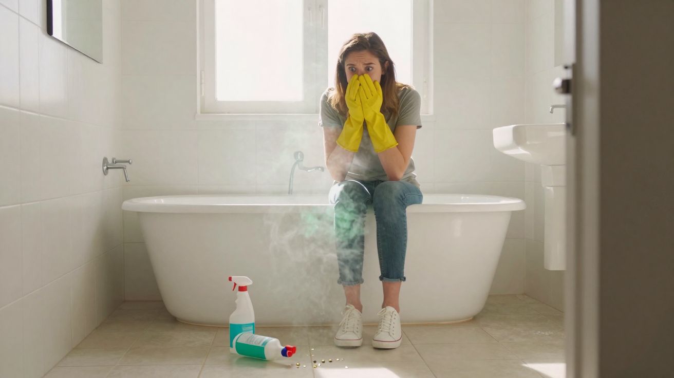 Mulher sentada na banheira com luvas amarelas, rostos tapados, olhando produtos de limpeza no chão a emitir vapor.