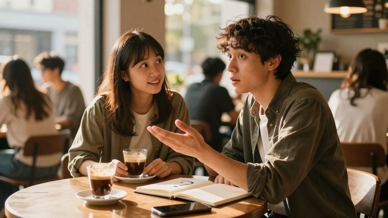 Jovem casal a conversar numa cafetaria, com café e caderno na mesa, luz natural a entrar pela janela.