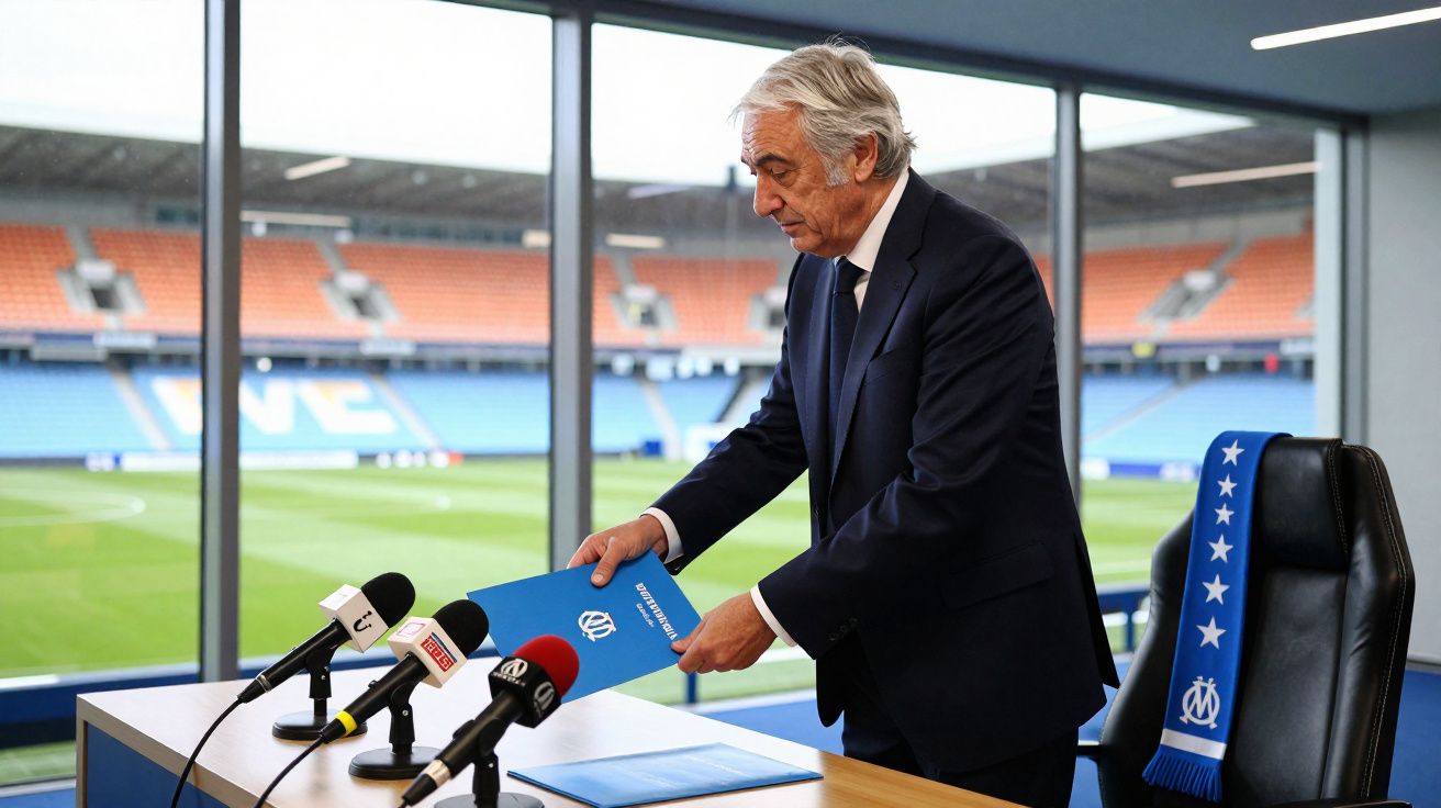 Homem de fato azul e gravata entrega pasta numa sala com vista para estádio de futebol e microfones à frente.