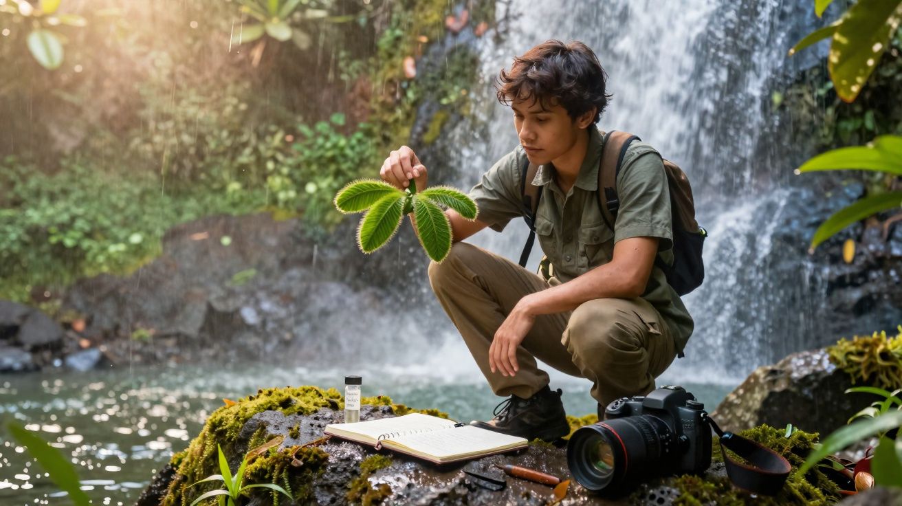 Jovem investigador estuda planta junto a cachoeira, com caderno aberto e câmara fotográfica.