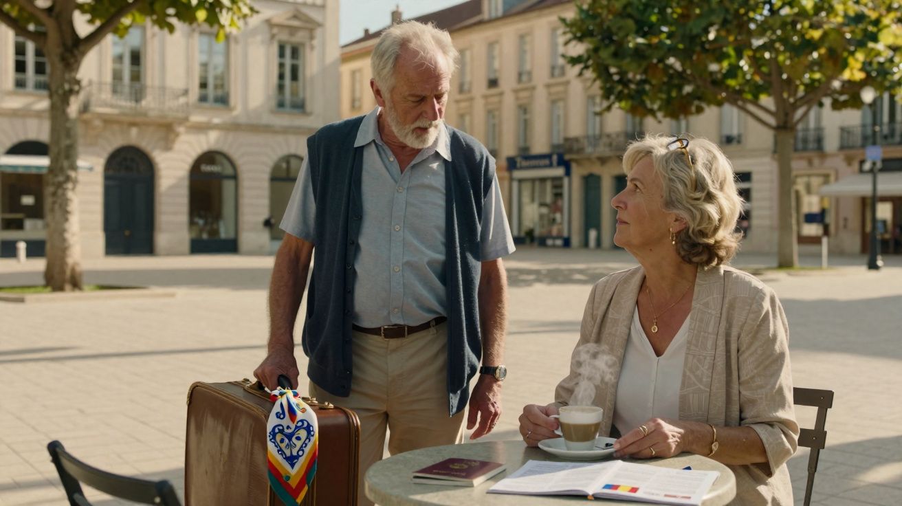Casal sénior em conversa numa esplanada, com mala antiga e café num dia soalheiro numa praça urbana.