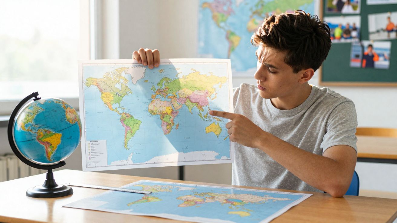 Jovem sentado numa mesa a apontar para um ponto num mapa-múndi, com globo terrestre e mapa na mesa.