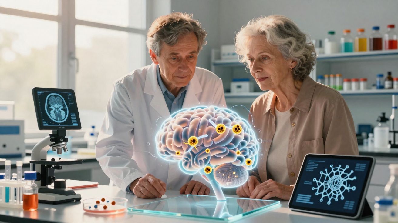 Médico e idosa a analisar imagem holográfica de cérebro com vírus num laboratório moderno.