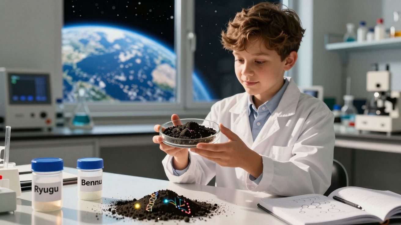 Criança com bata branca segura petri com terra no laboratório, com terra e ADN holográfico na mesa.