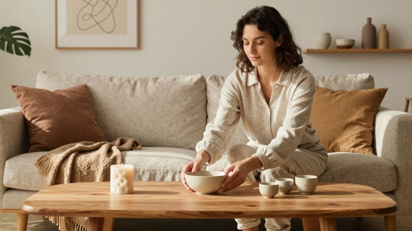 Mulher sentada no sofá a arrumar uma tigela numa mesa de madeira com chávenas e vela decorativa.