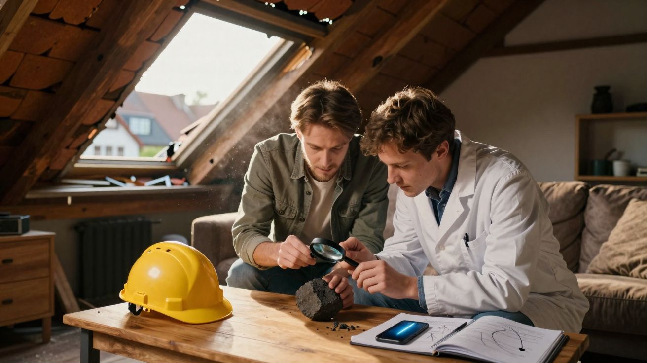 Dois homens analisam amostra de rocha numa mesa, com capacete amarelo e livro aberto ao lado.