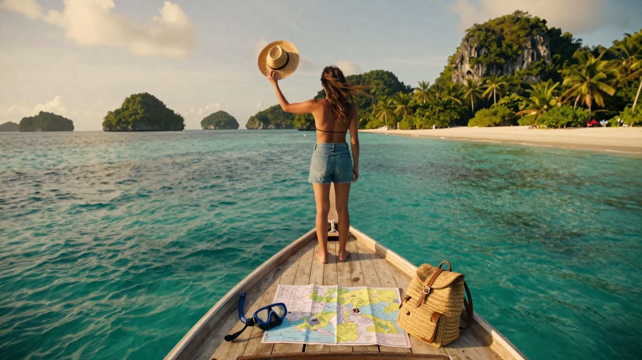 Mulher de costas numa canoa segurando chapéu, com mapa, mochila e snorkel, vista para ilhas tropicais e mar azul.