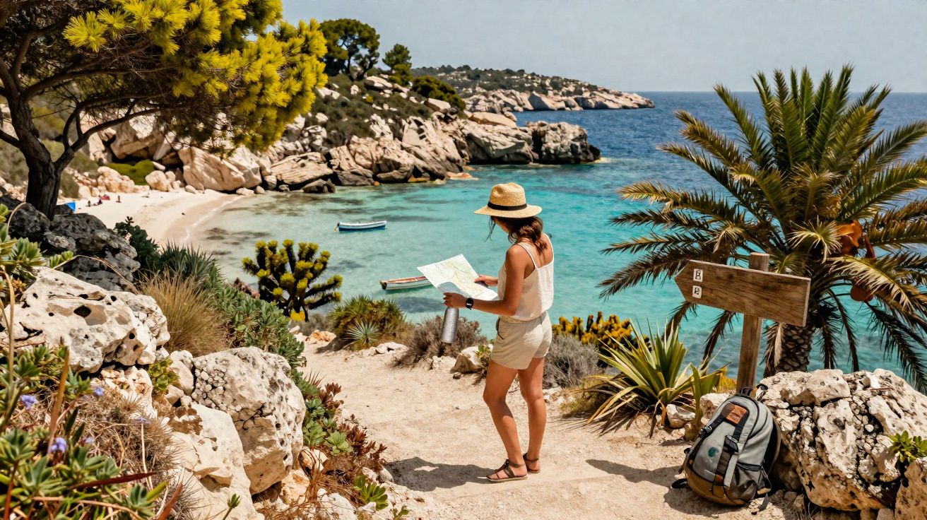 Mulher com chapéu consulta mapa numa trilha costeira com mar azul e paisagem natural rochosa.