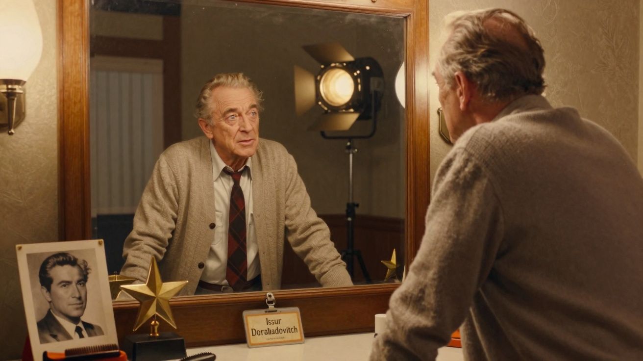 Homem idoso vestido formalmente de pé à frente de um espelho grande com iluminação de estúdio ao fundo.