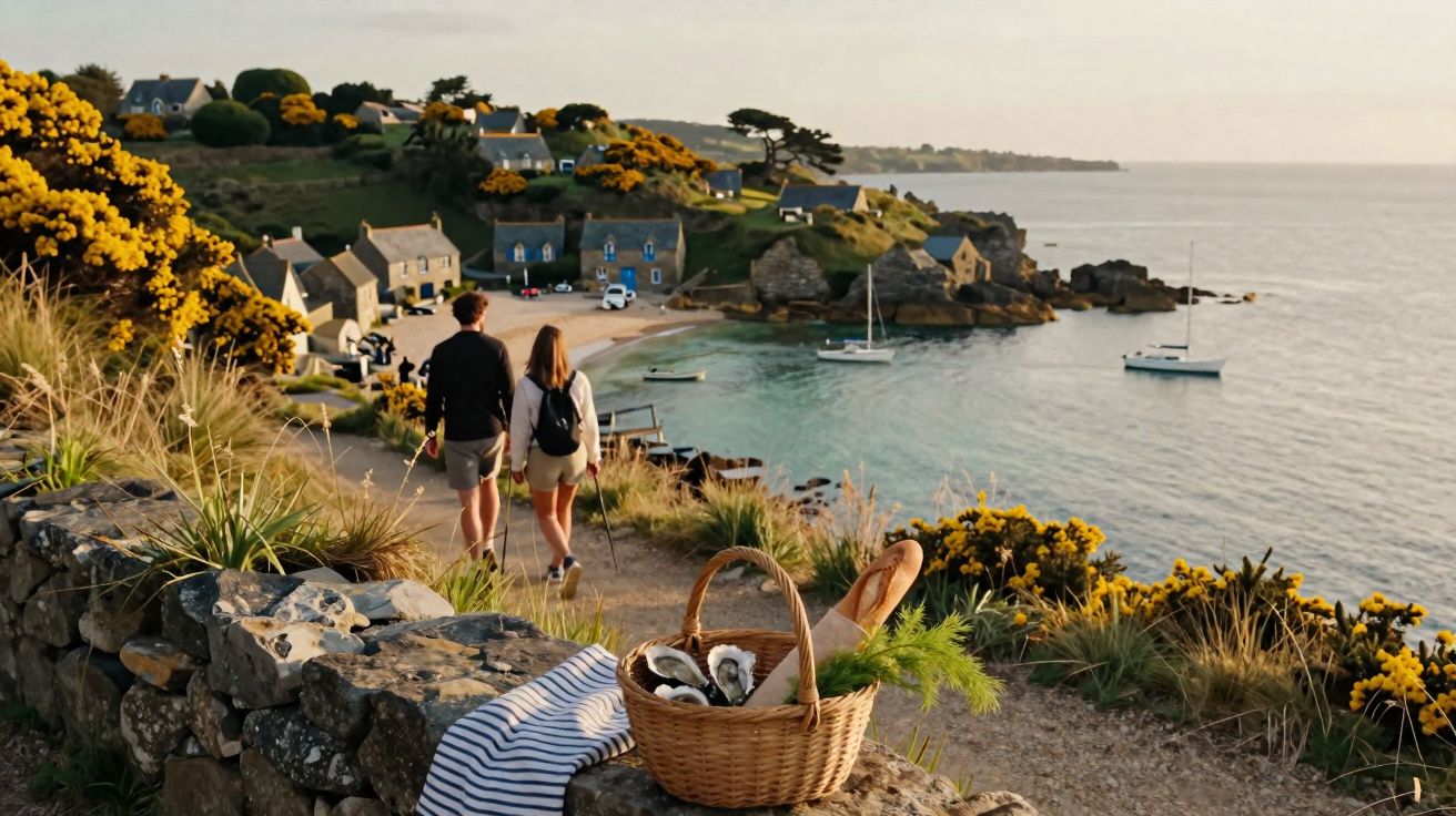 Casal caminha por trilho costeiro com cesta de piquenique, aldeia e barcos ao fundo ao pôr do sol.