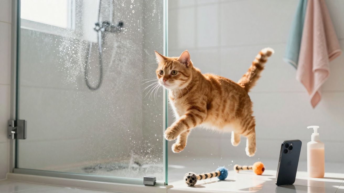 Gato laranja a saltar dentro de uma casa de banho perto de brinquedos, telefone e dispenser de sabão.