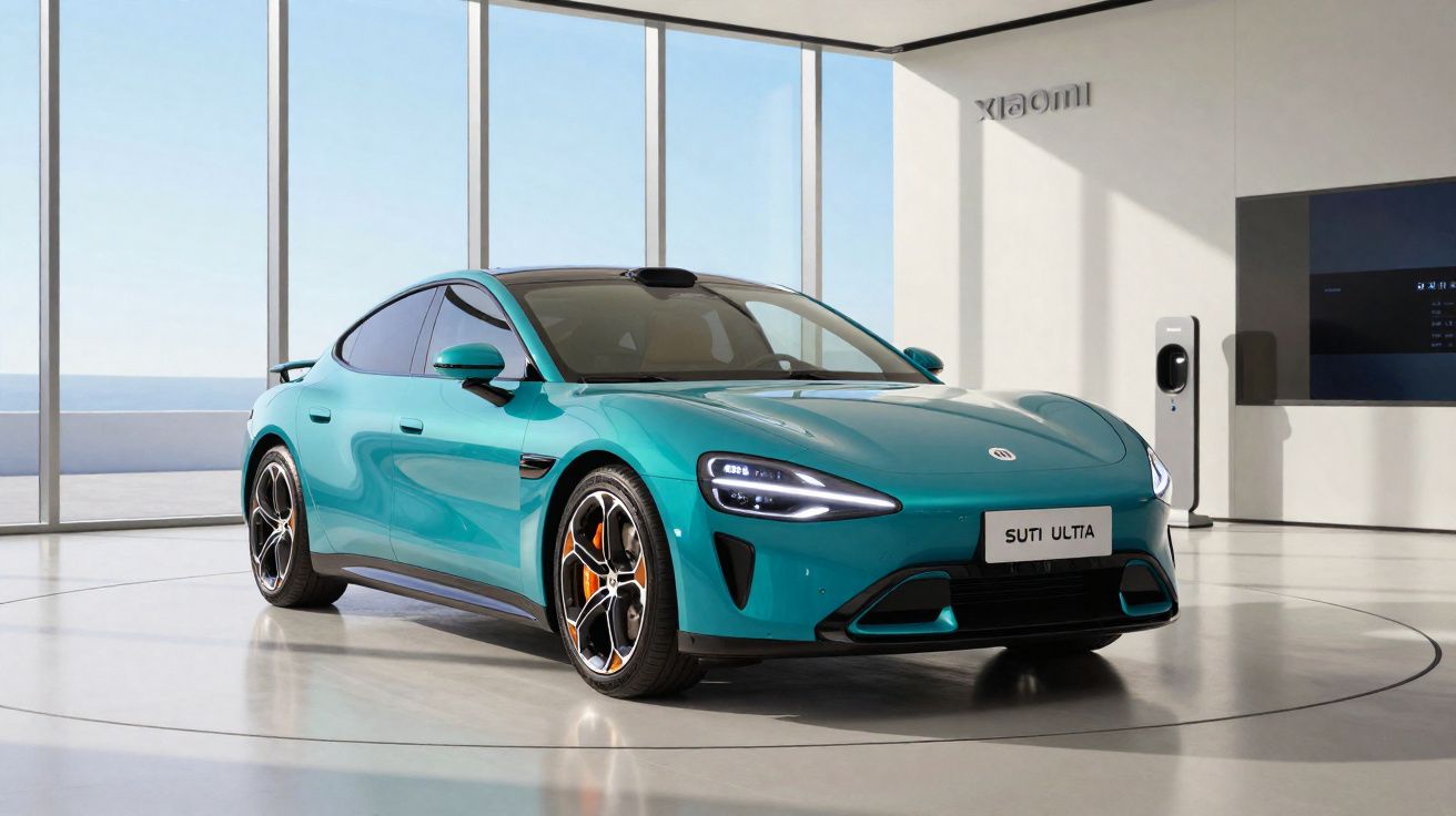 Carro elétrico desportivo azul-turquesa estacionado numa sala moderna com janelas amplas e carregador.