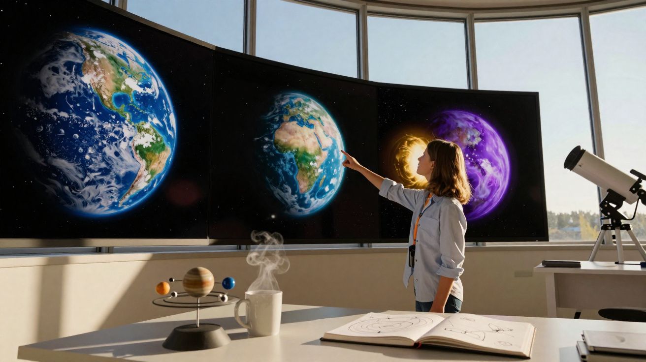 Mulher aponta para imagens da Terra e do sistema solar numa sala com janelas amplas e telescópio.