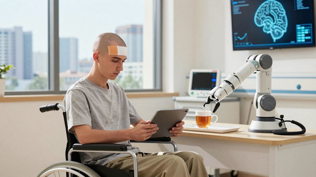 Jovem em cadeira de rodas com curativo na cabeça usa tablet enquanto braço robótico derrama chá numa chávena.