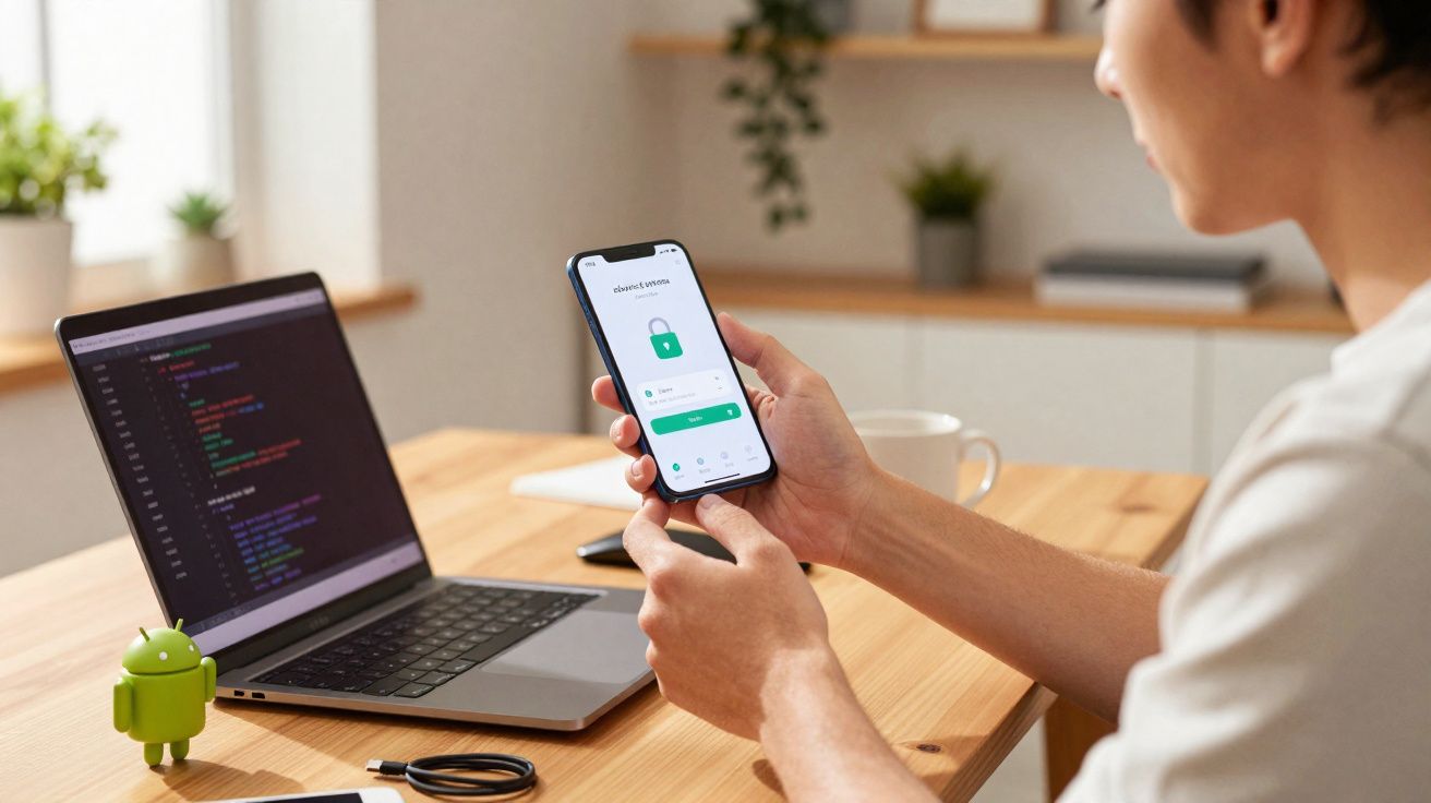 Pessoa a usar telemóvel com aplicação de segurança aberta, computador portátil e figura Android numa secretária de madeira.