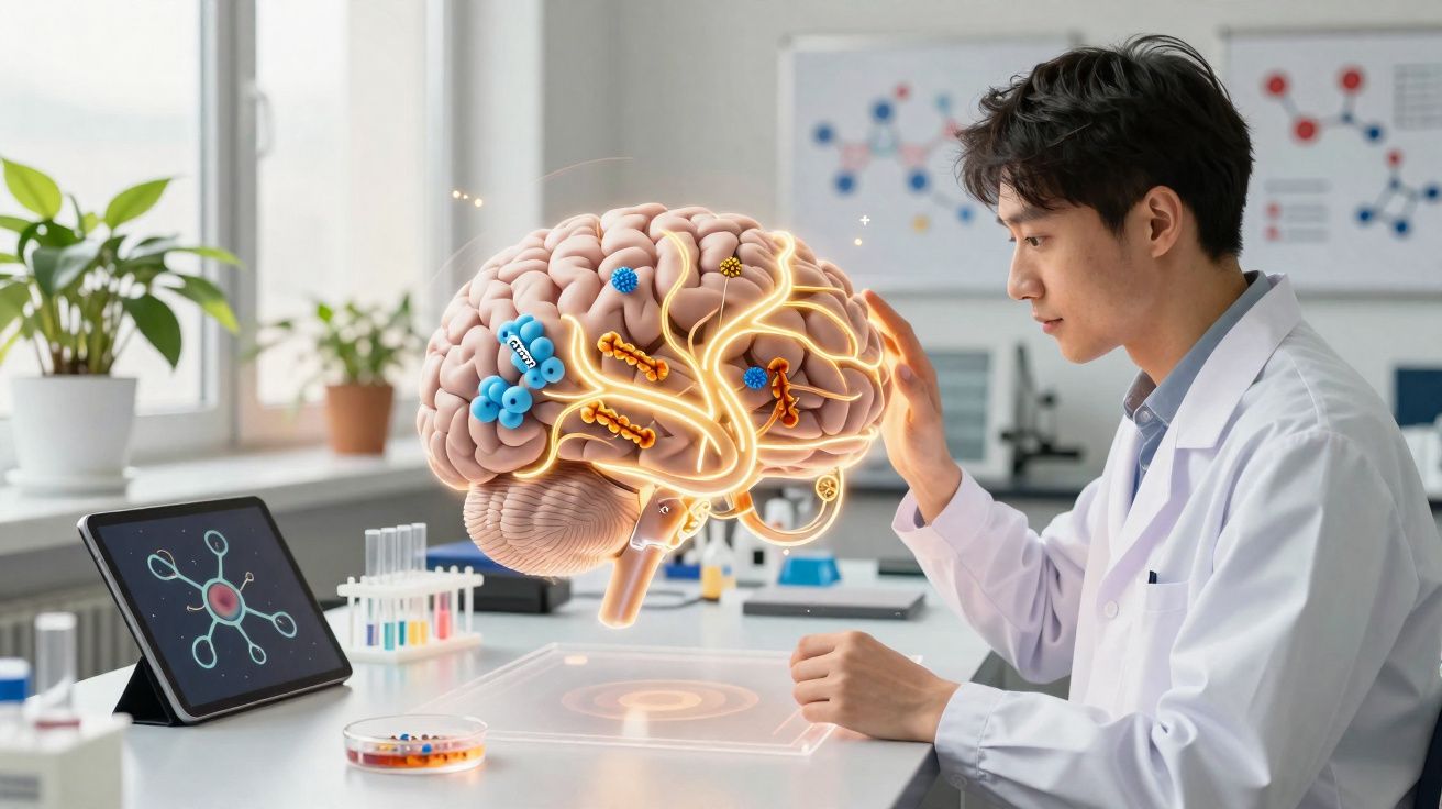 Cientista em laboratório estuda modelo digital 3D do cérebro com conexões neurais coloridas.