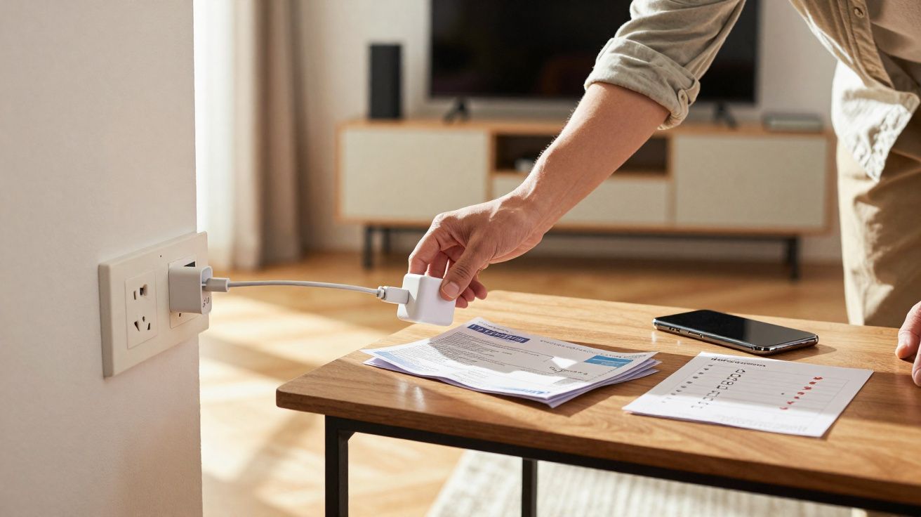Mão a desligar carregador branco da tomada com documentos e telemóvel numa mesa de madeira à frente.