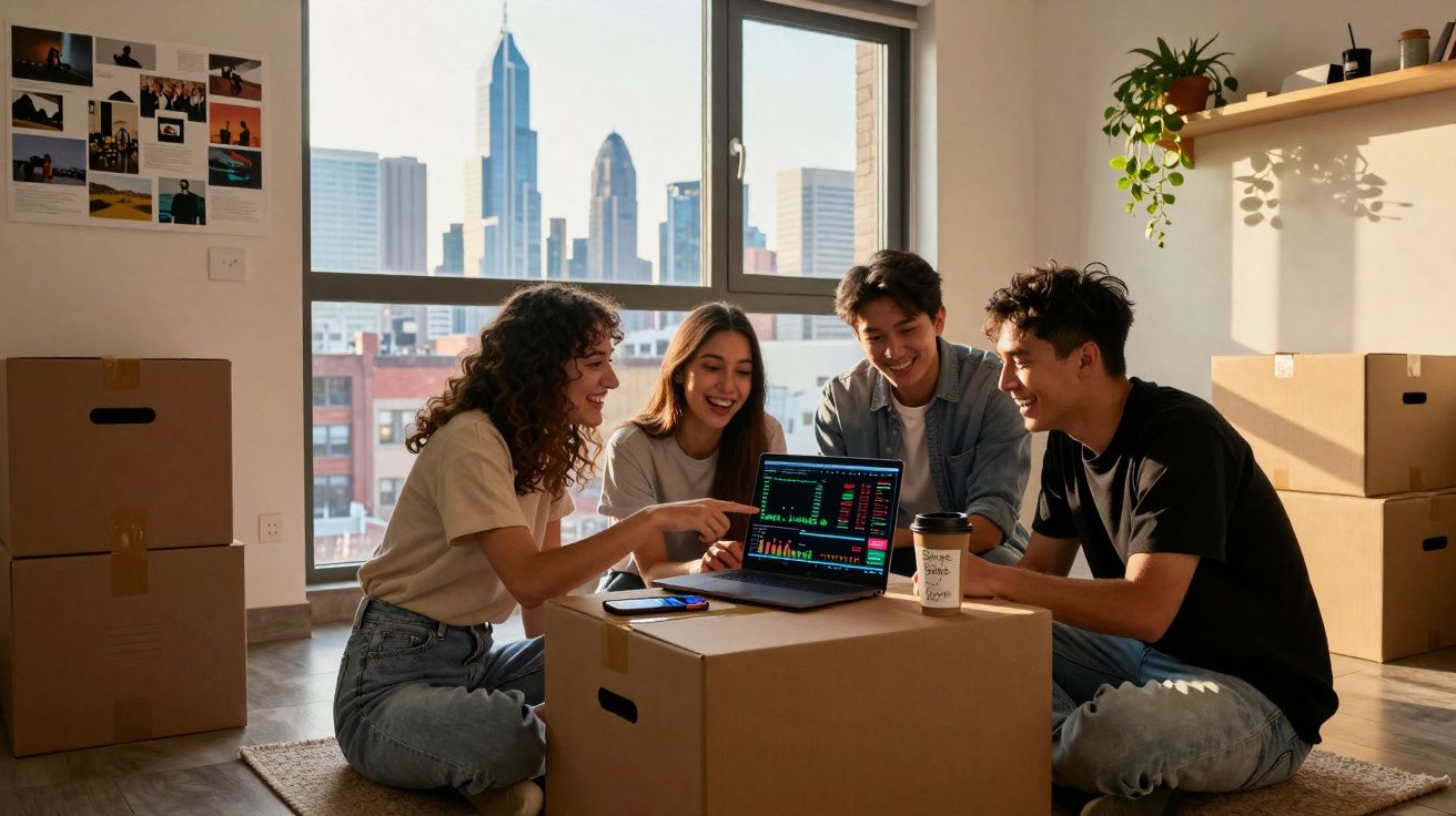 Quatro jovens sentados em chão de apartamento com vista para cidade, olhando gráficos no portátil sobre caixa de cartão.