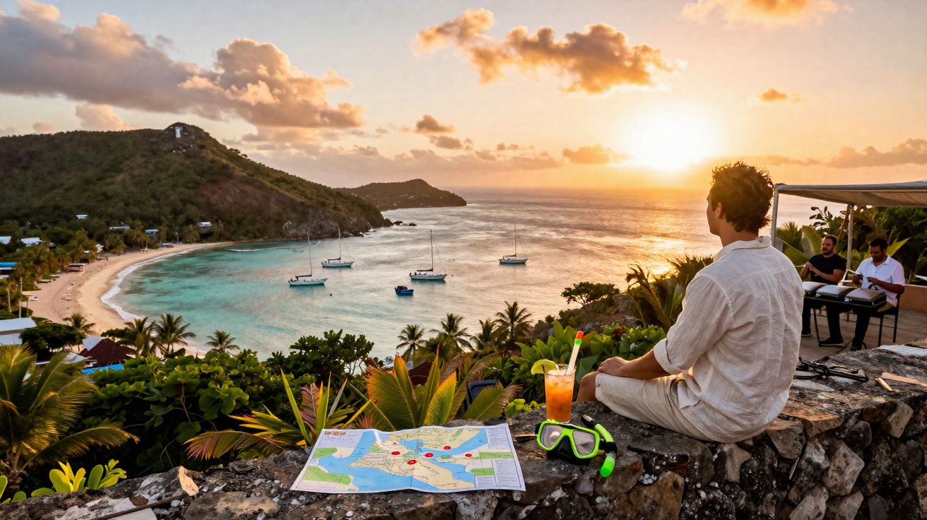 Homem sentado a observar o pôr do sol numa baía com barcos ancorados e vegetação tropical ao redor.