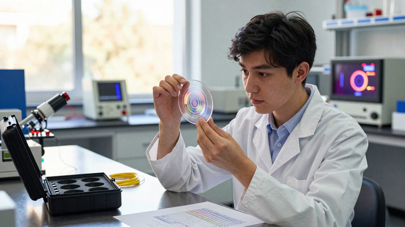 Cientista jovem em bata branca observando disco holográfico num laboratório moderno com equipamentos científicos.