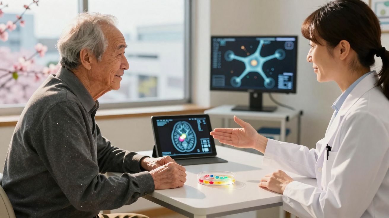 Médica a explicar resultados de exames cerebrais a idoso numa consulta num consultório moderno.