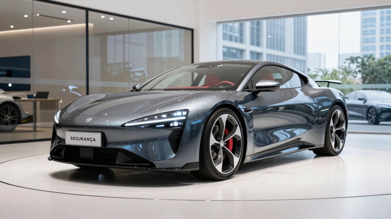 Carro desportivo cinzento metálico com interior vermelho exposto em showroom moderno com grandes janelas.