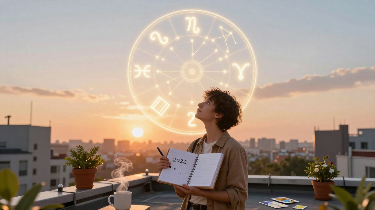 Pessoa com agenda de 2026 observa símbolos do zodíaco luminosos ao pôr do sol num terraço urbano.