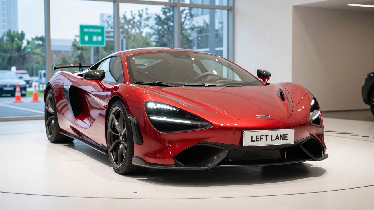 Carro desportivo vermelho com faróis LED ligado, exposto num espaço interior moderno.