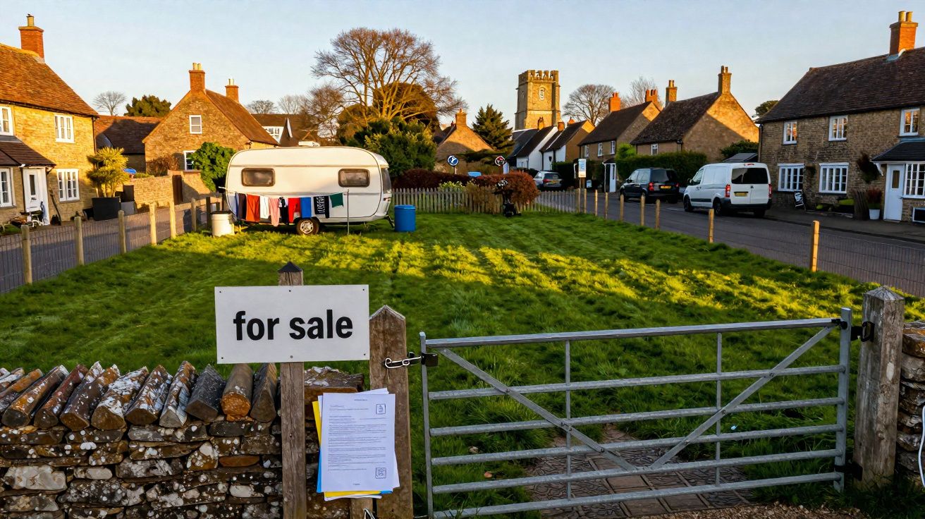 Terreno à venda numa vila com relvado verde, caravana e casas de pedra ao fundo sob luz dourada do entardecer.