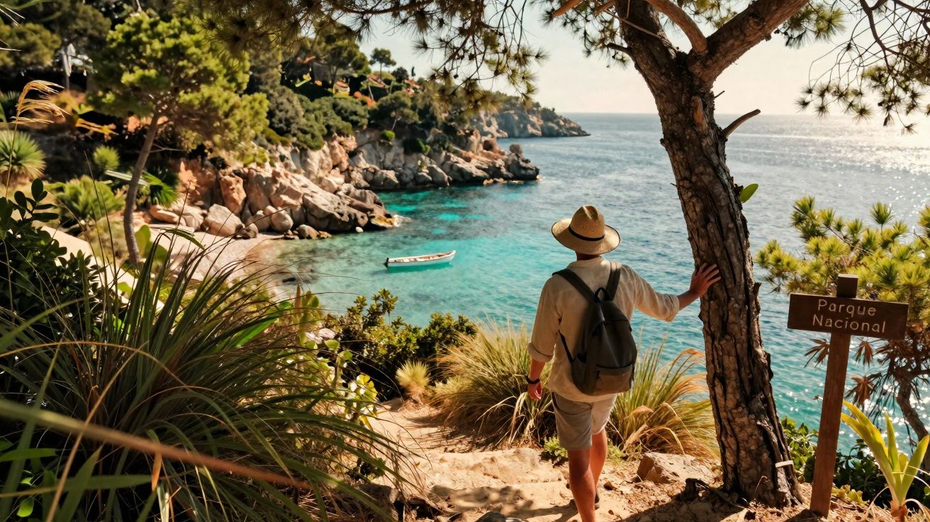 Homem de chapéu com mochila na entrada de um parque nacional junto ao mar cristalino e barco ao longe.