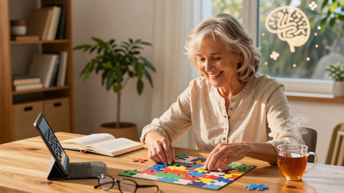 Mulher sénior a sorrir enquanto monta um puzzle colorido numa mesa com chá e livros à volta.