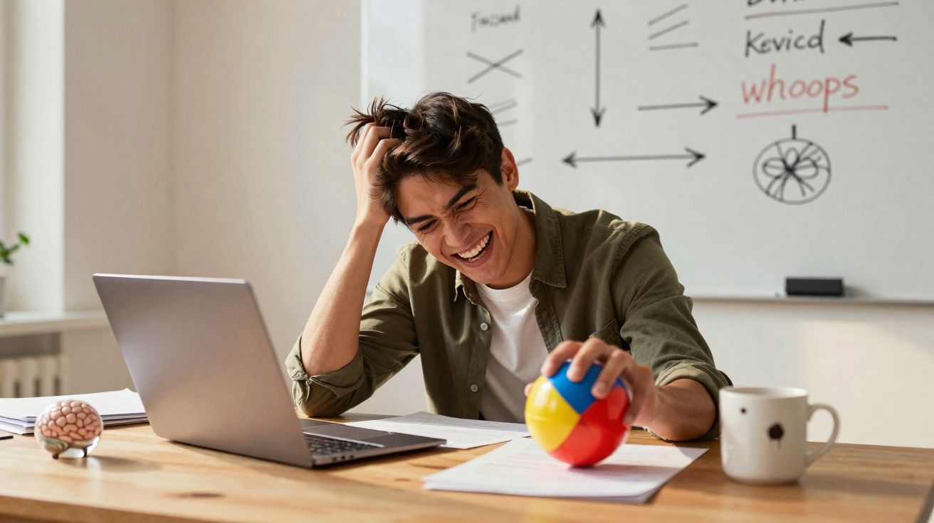 Jovem sorridente a brincar com bola colorida enquanto está sentado à secretária com portátil e apontamentos.