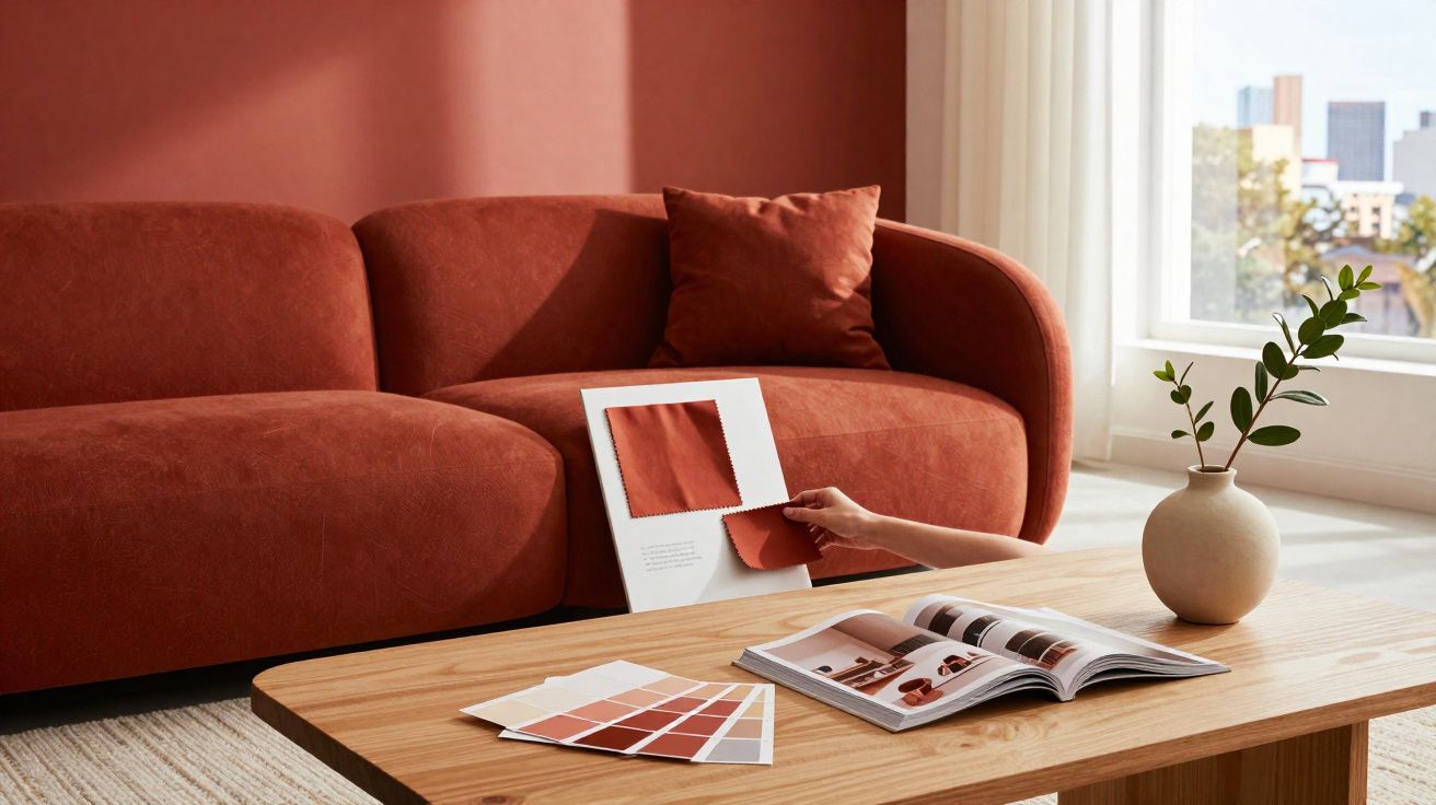 Sofá vermelho com almofada, mão segurando amostra de tecido, mesa de madeira com revista e amostras de cor.